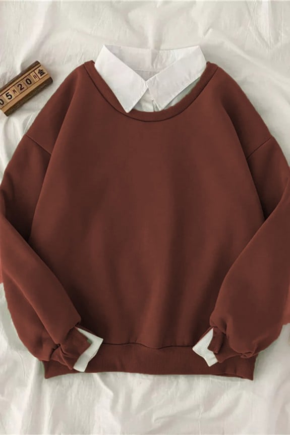 Cinnamon Brown Collared Neckline Oversized Sweatshirt