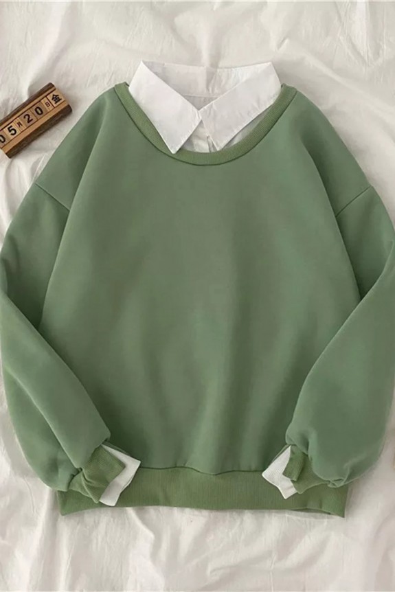 Swamp Green Collared Neckline Oversized Sweatshirt