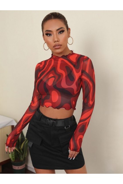 Red Black Print Crop Top