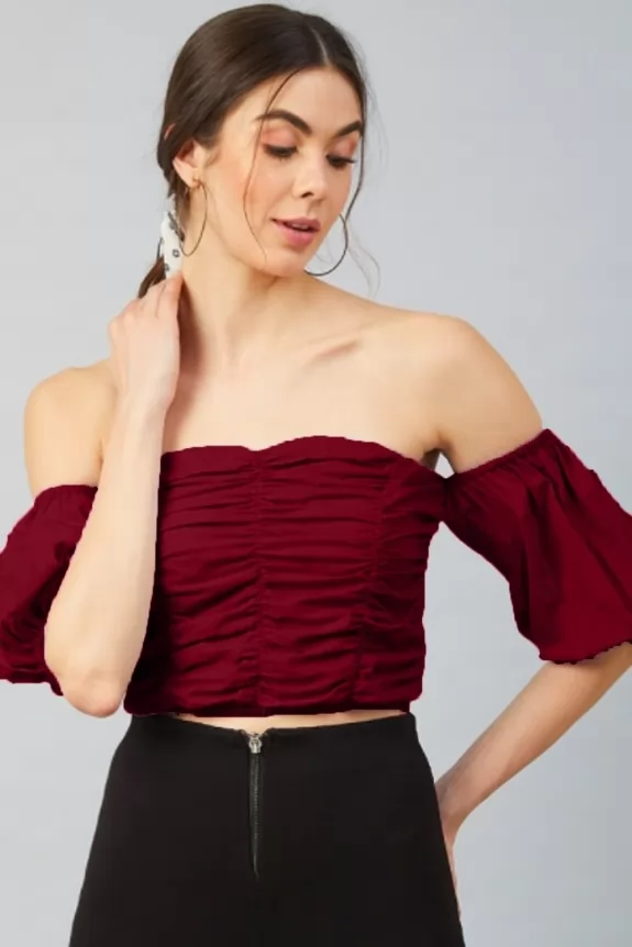 Red Ruched Crop Bardot Top