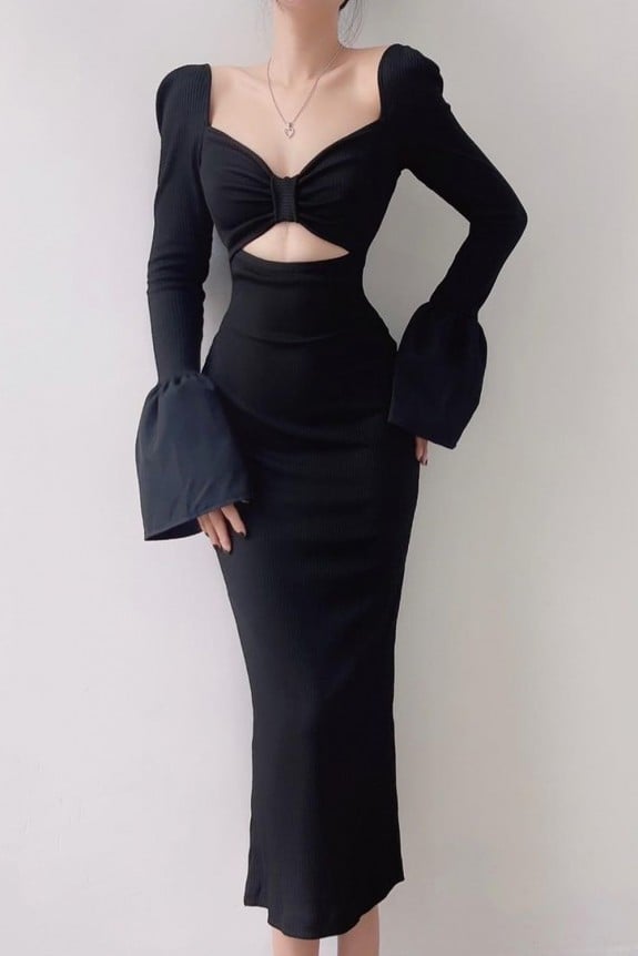 Black Fitting Ribbed Dress