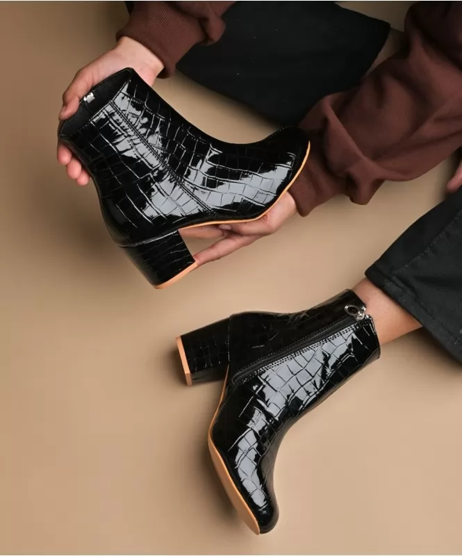 Black Croco patent ankle boots 