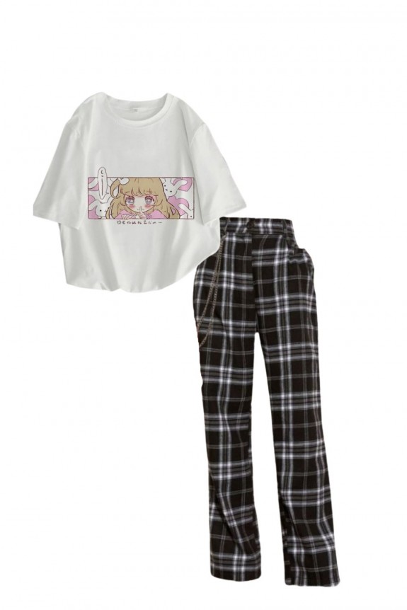 Set of 2 - Cute t-shirt with plaid pants