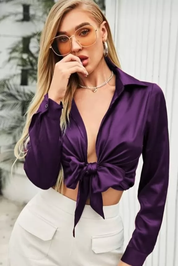 Purple Front Knotted Satin Shirt Top