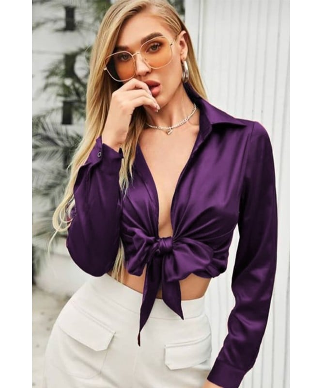 Purple Front Knotted Satin Shirt Top