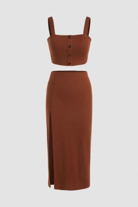 Set of 2 - Brown Crop Top with split skirt
