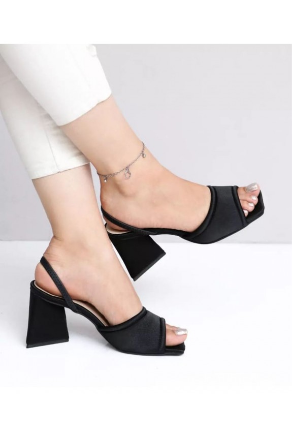 Black satin block heels