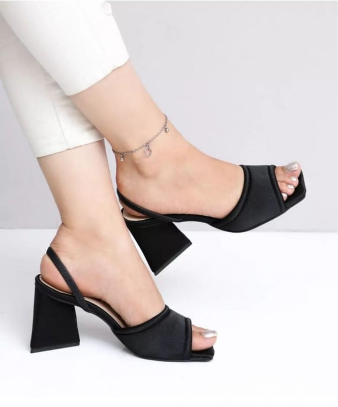 Black satin block heels