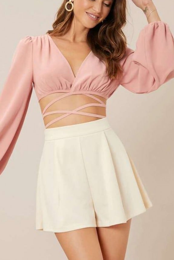 Set of 2-Wrap Around Cute Crop Top With a Pleated Flared Shorts 