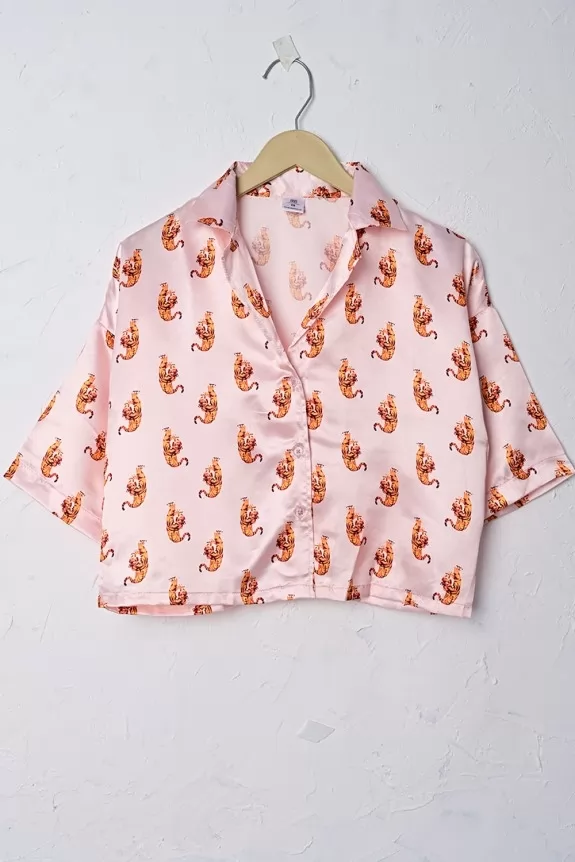 Lion Printed Satin Crop Shirt