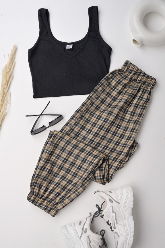 Set of 2- Black crop top with Brown & White Check Jogger