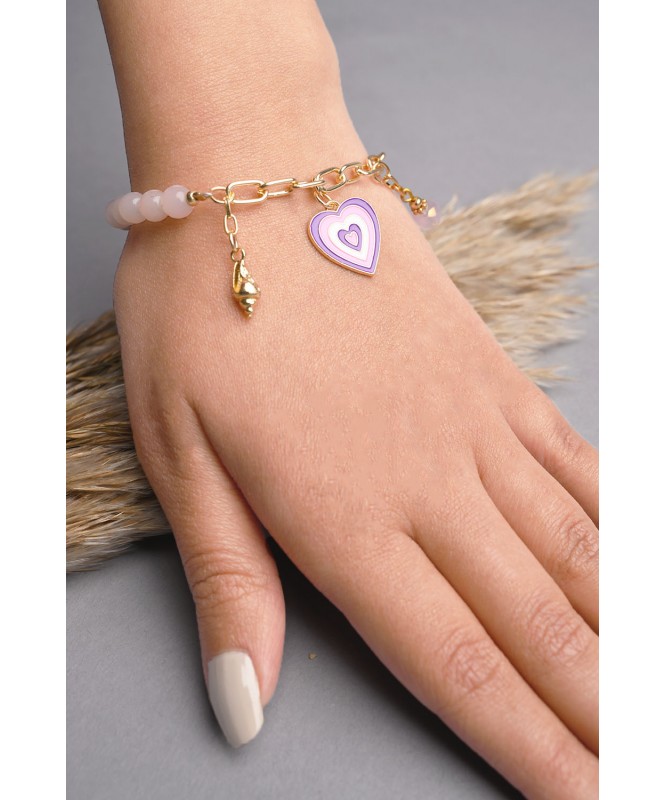Pink Purple Heart Charm Half Beaded Bracelet
