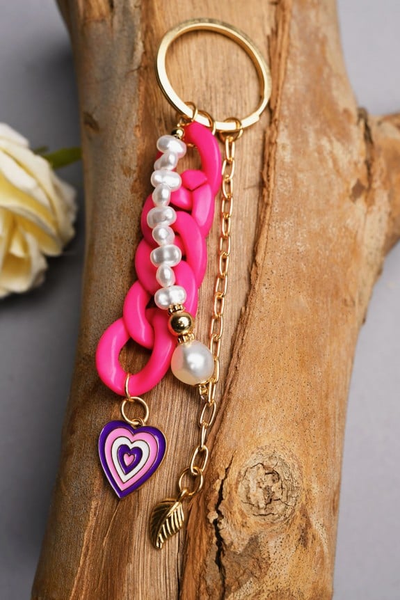 Pink & Purple Heart Charm With Pink Chain Keychain