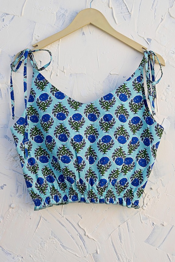 Cotton Blue Floral Shoulder Knot Top
