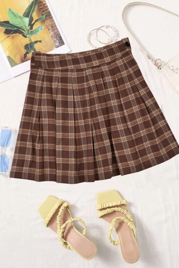 brown Checked Skirt