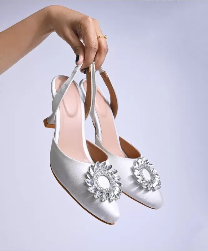 White satin Rhinestone heels