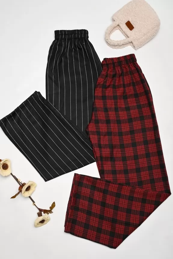 Set Of 2- Black Stripes & Red Plaid Pants