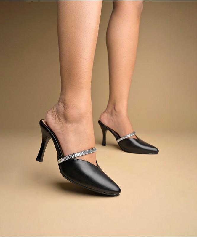 Black pointed jeweled heel
