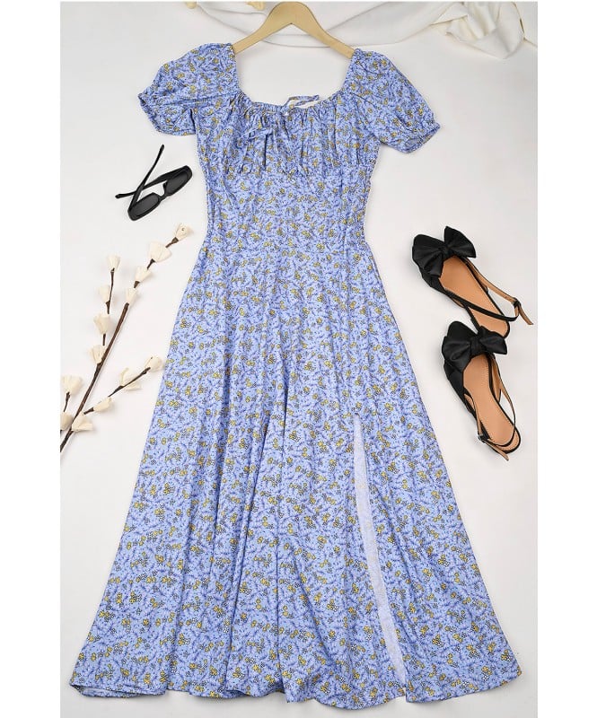 Side Slit Blue Floral Print Dress