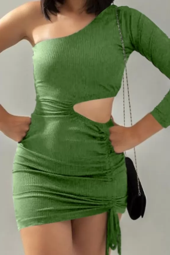 Green One Shoulder Ribbed Dress