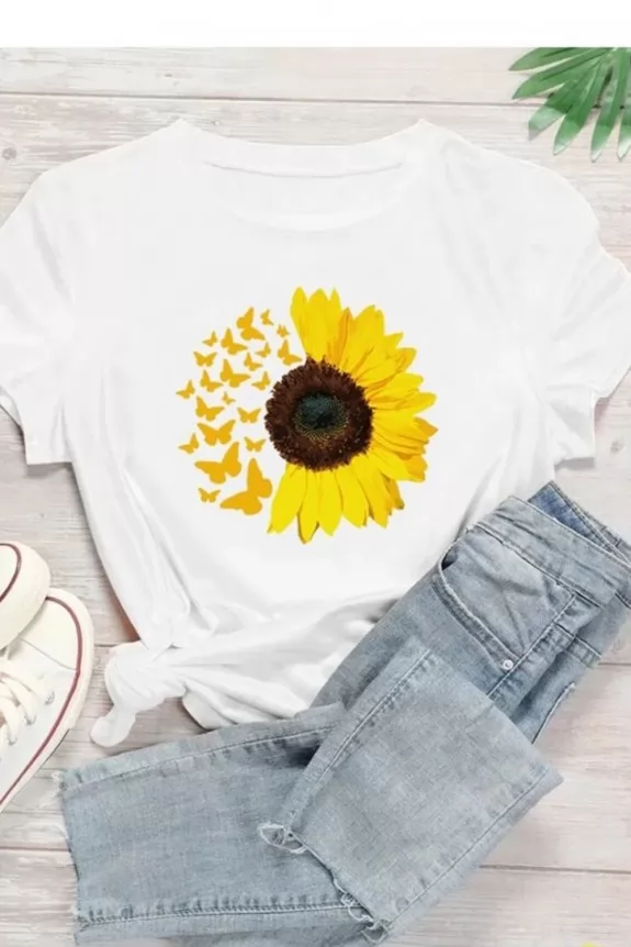 Sunflower Print White Tee