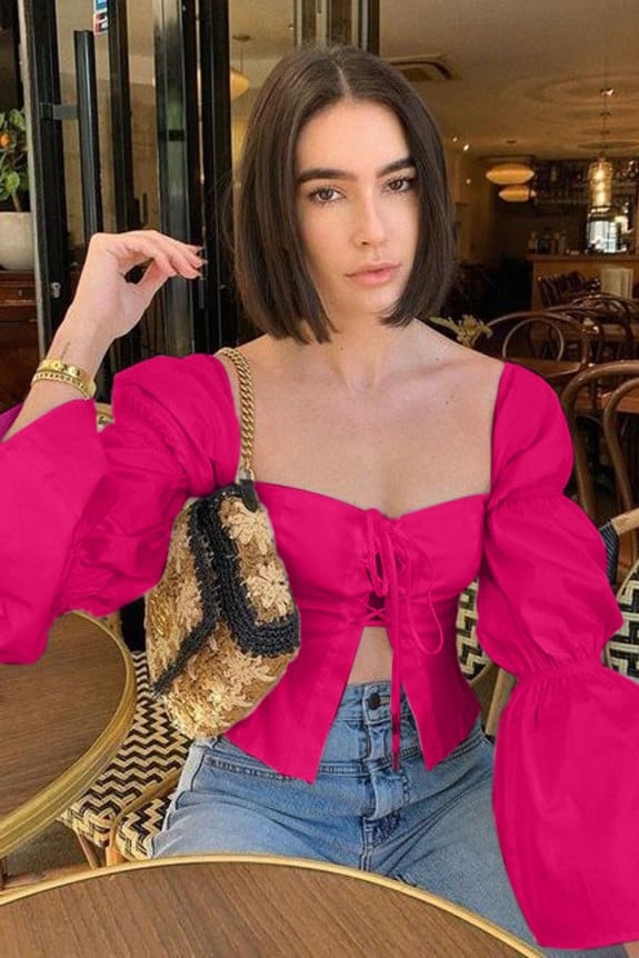 Hot Pink Front Tie Puff Sleeve Top