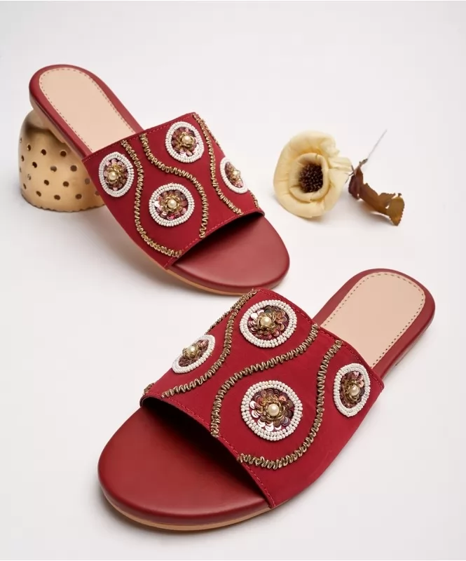 Hand embroidered maroon flat