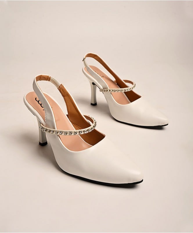 White rhinestone detailed pointed heel