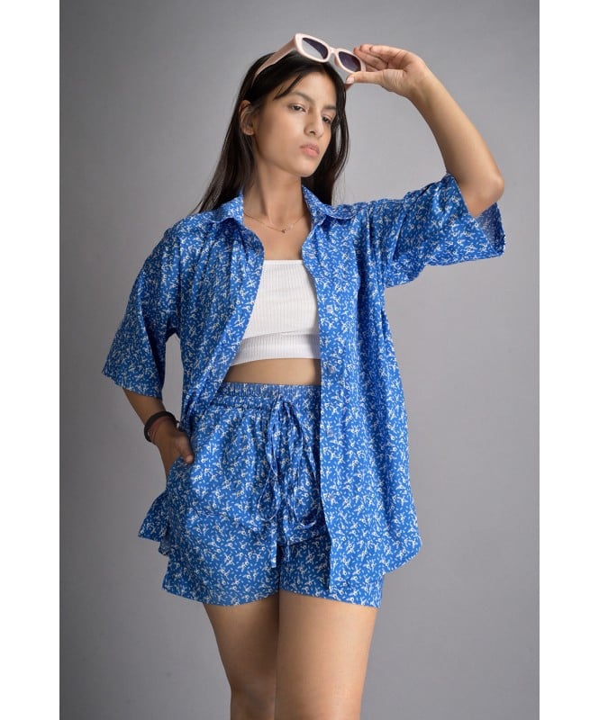 Set of 3: Blue Ditsy Printed Oversized Shirt & Shorts With a Complementary White Top