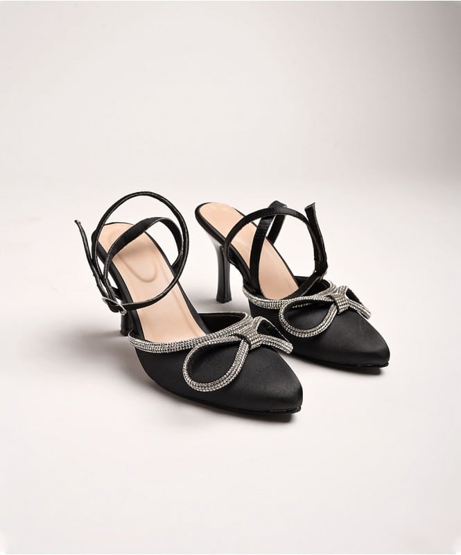 Black embellished bow heel 