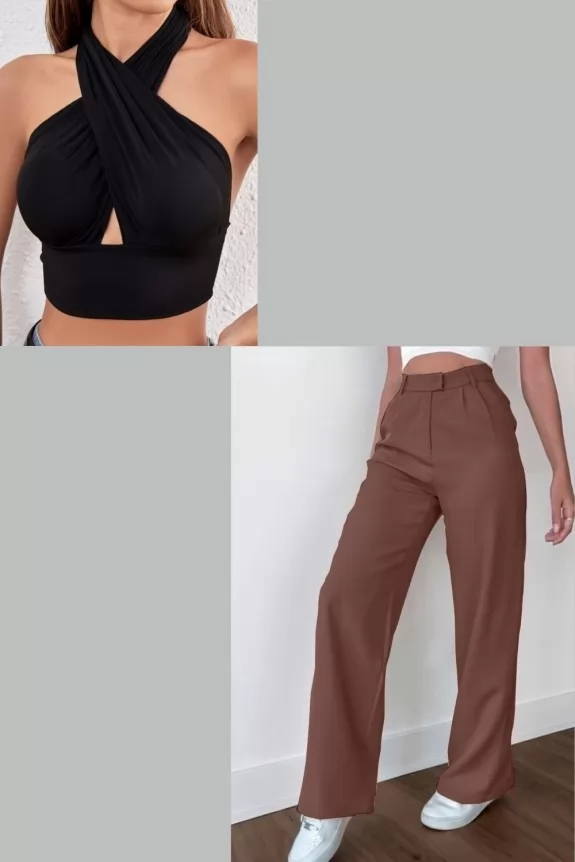 Halter Neck Rib Crop Top With Brown Flared Pants