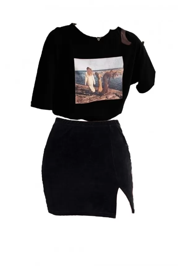 Set of 2 - Black t shirt With Side Slit Black Skirt