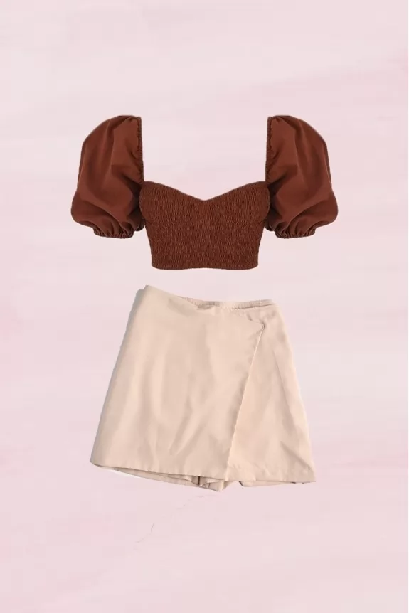 Set of 2 - Brown Crop Top With Beige Skirt
