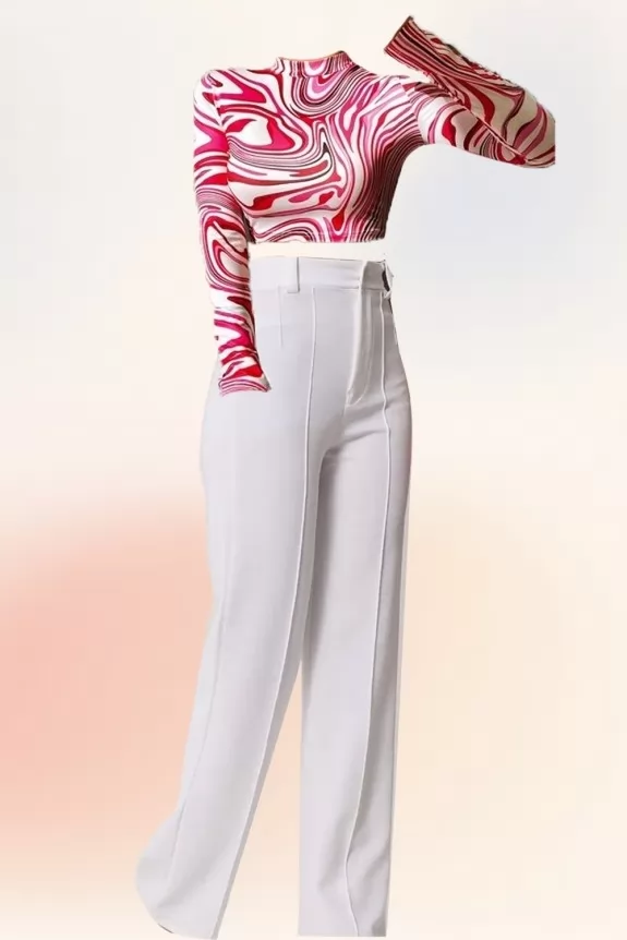 Set of 2 - Pink Printed t shirt With High Waist Trouser