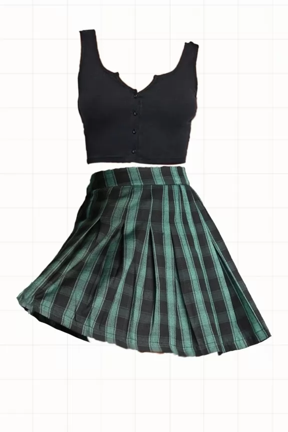 Set of  2 - Black Cami Top With Green & Black Checked Skirt