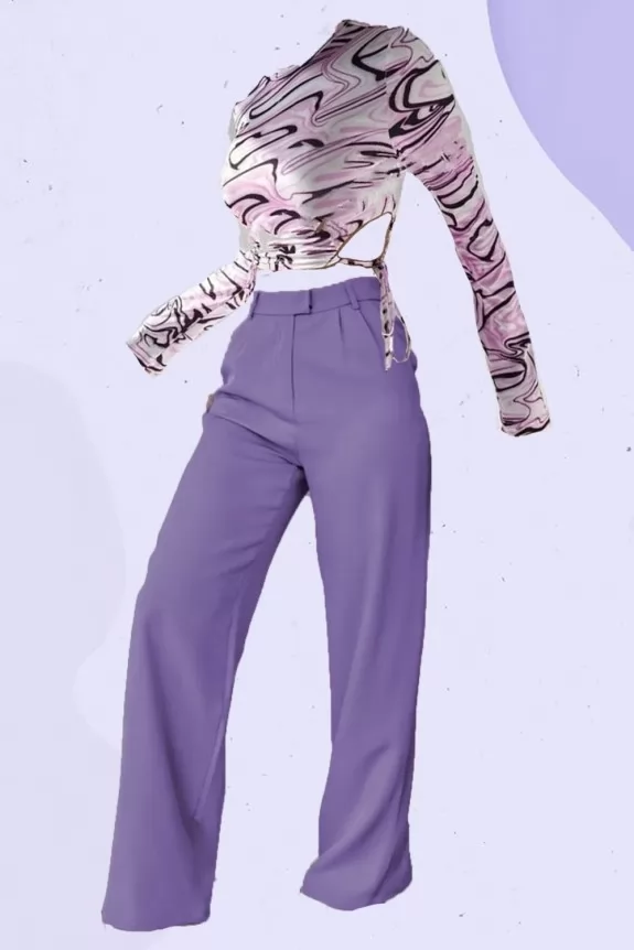 Set of 2 - Mock Neck Tie Side Crop Top With Purple Flared Formal pants