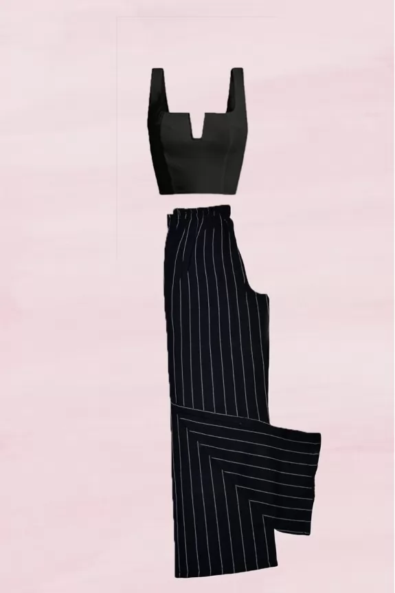 Set of 2 - Black Cami Top & stripe trouser