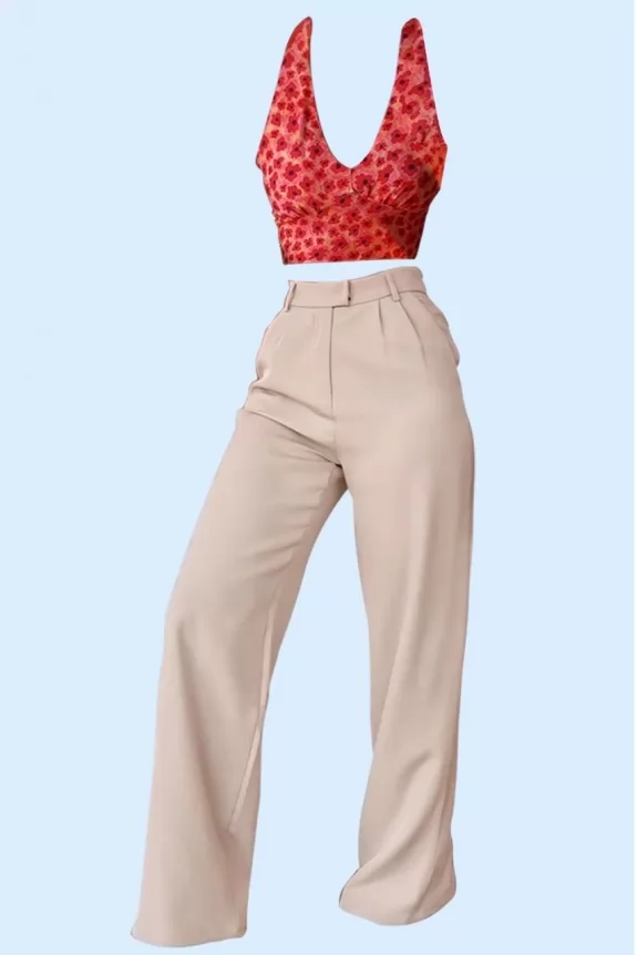 Set of 2 - Red Floral Printed Top With Beige Pants