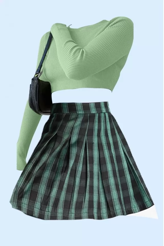 Set of 2 - Green Ribbed Top With Checked Skirt