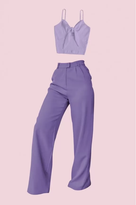 Set of 2 - Lavender Pants With Ribbed Crop Top