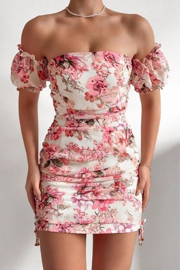 Off-Shoulder Floral Side Drawstring Dress
