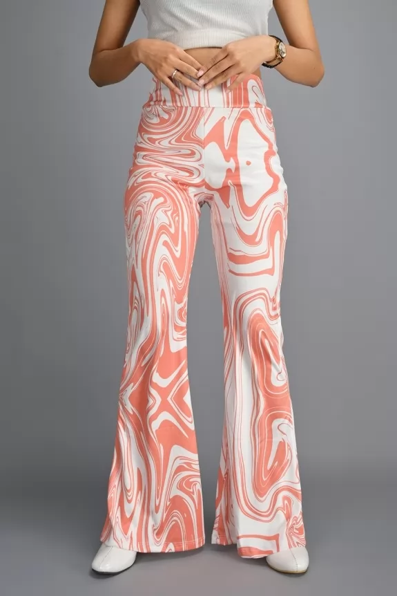 Flared Orange Marble Print Trouser