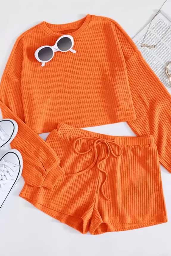 Set of 2-Orange Drawstring shorts Two- Piece Outfit