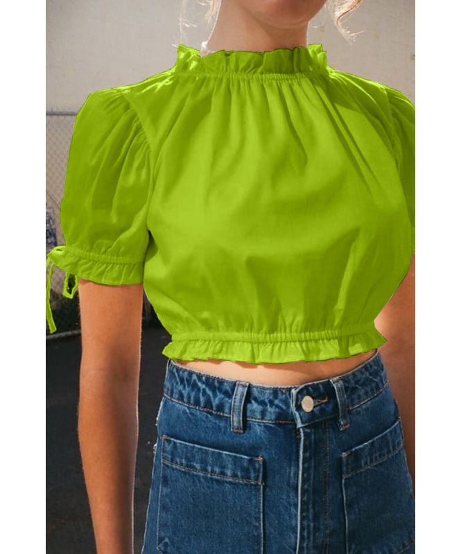 Green High Neck Top With Gather Detail