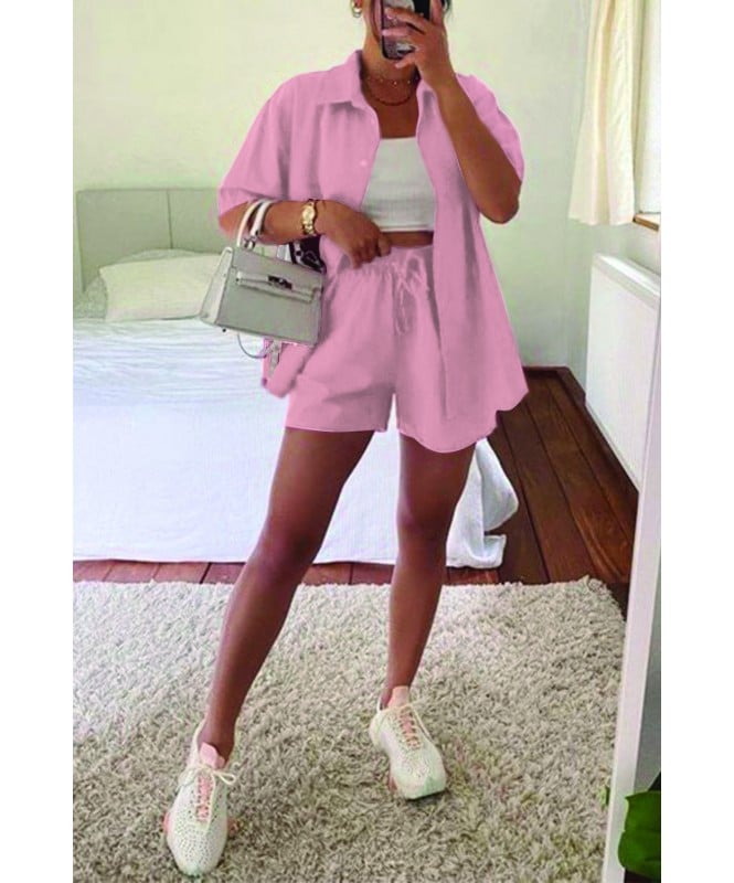  Set of 3:-Pastel Pink Cotton shirt with shorts and rib top