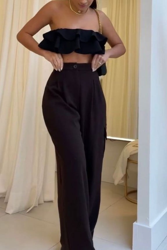 Set of 2- Black Ruffled Tube Top With High Waist Trouser