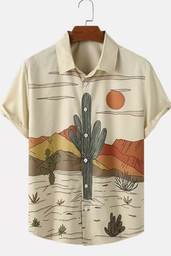 Mens Cactus Desert Landscape Print Button Up Short Sleeve Shirt