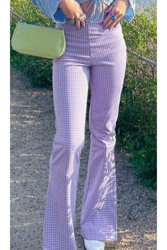 Purple Checkered High Waist Flared Trouser