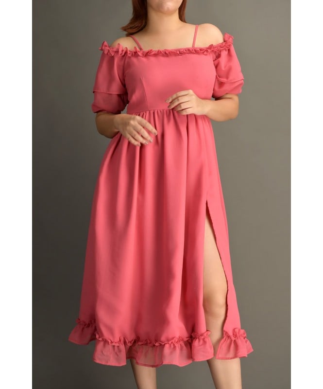 Side Slit Off-Shoulder Strappy Georgette Dress