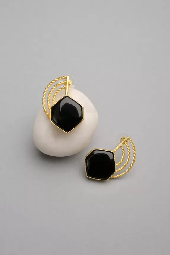 Hexagon Black Stone Stud Earrings